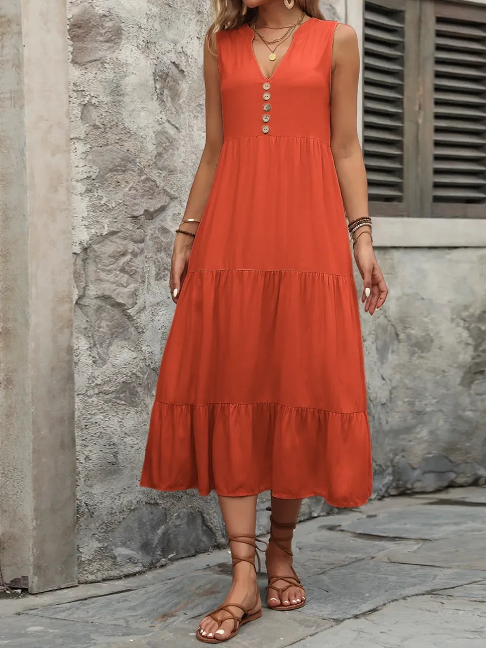 Notched Sleeveless Maxi Dress With Buttons - Southern Shores Clothing