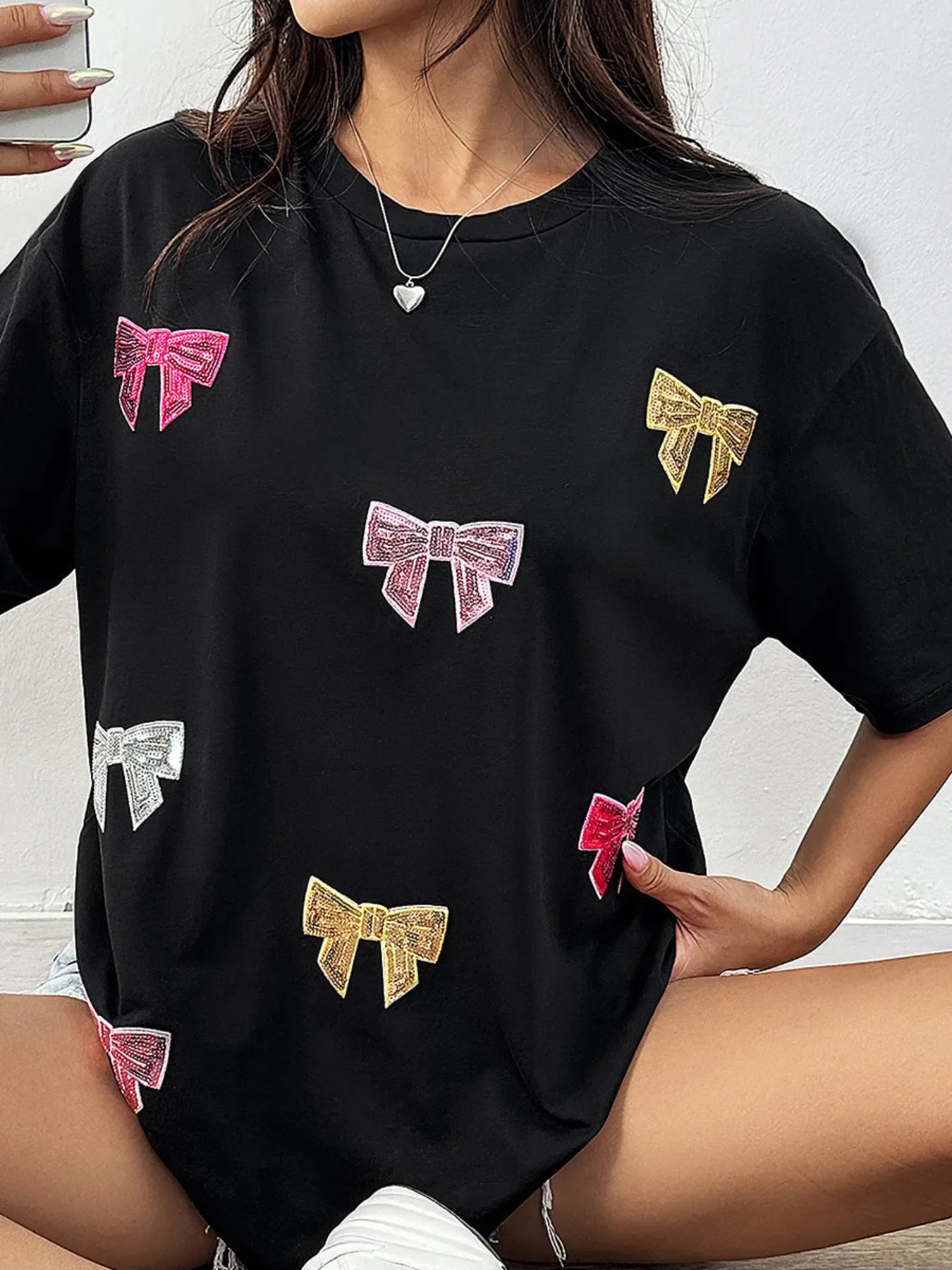 Sequin Bow Round Neck Short Sleeve Oversized Tee - Southern Shores Clothing
