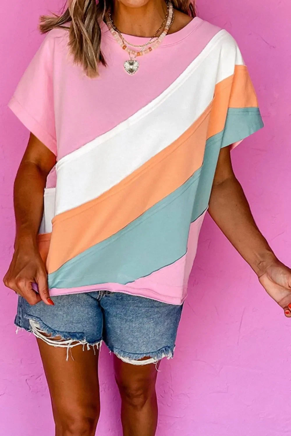 Color Block Round Neck Short Sleeve T Shirt - Southern Shores Clothing