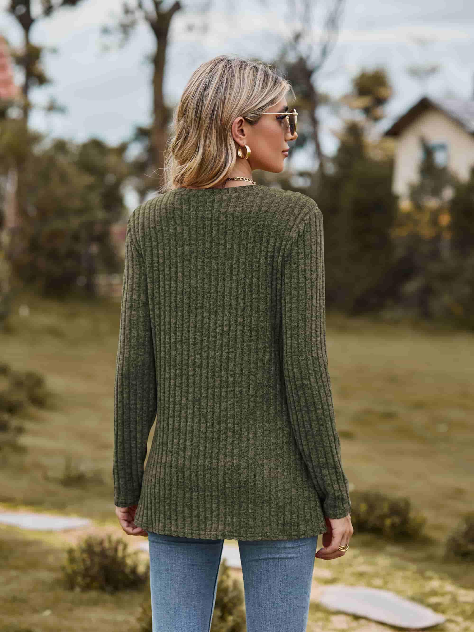 Ribbed Round Neck Long Sleeve Tee For Everyday Wear - Southern Shores Clothing