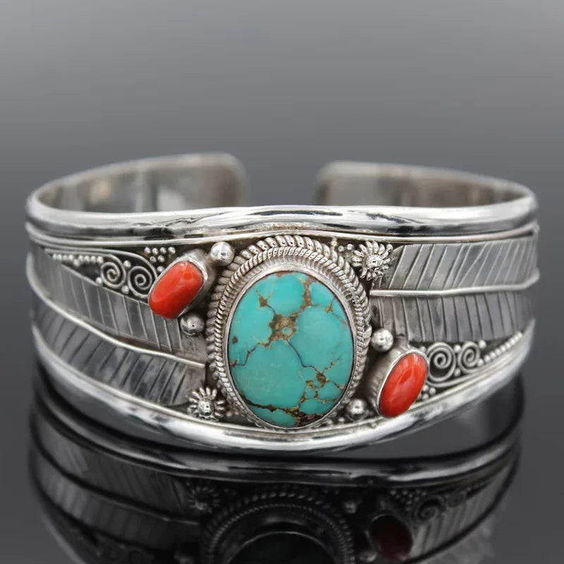 Alloy Open Bracelet Turquoise Cabochon Coral Accents - Southern Shores Clothing