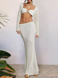Crochet Tie Front Long Sleeve Top And Maxi Skirt Two Piece Set - Southern Shores Clothing
