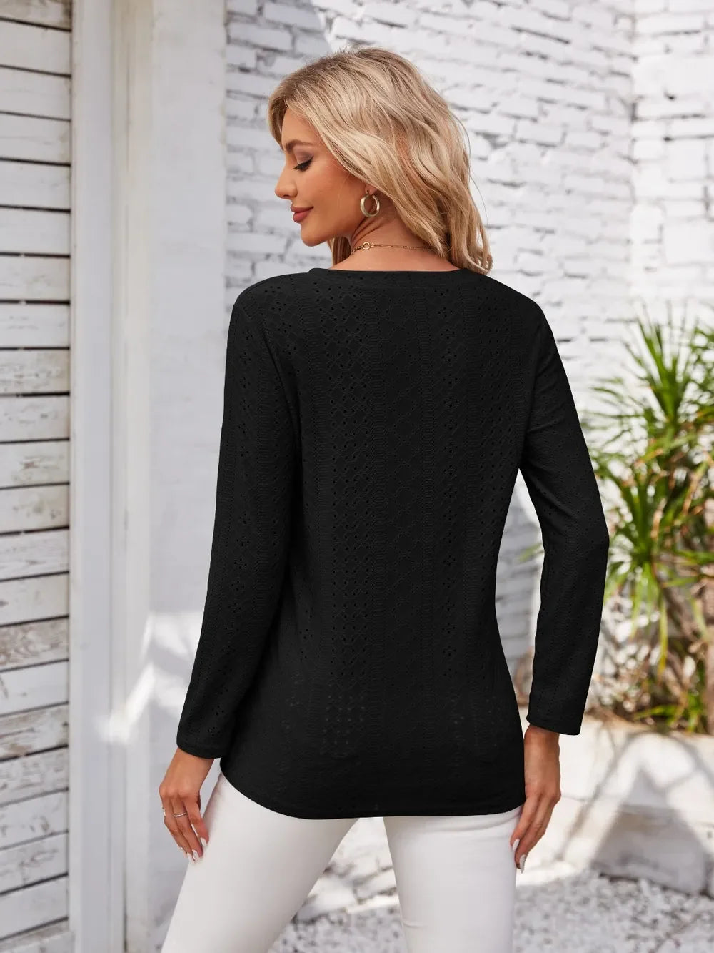 V Neck Openwork T Shirt With Decorative Buttons - Southern Shores Clothing