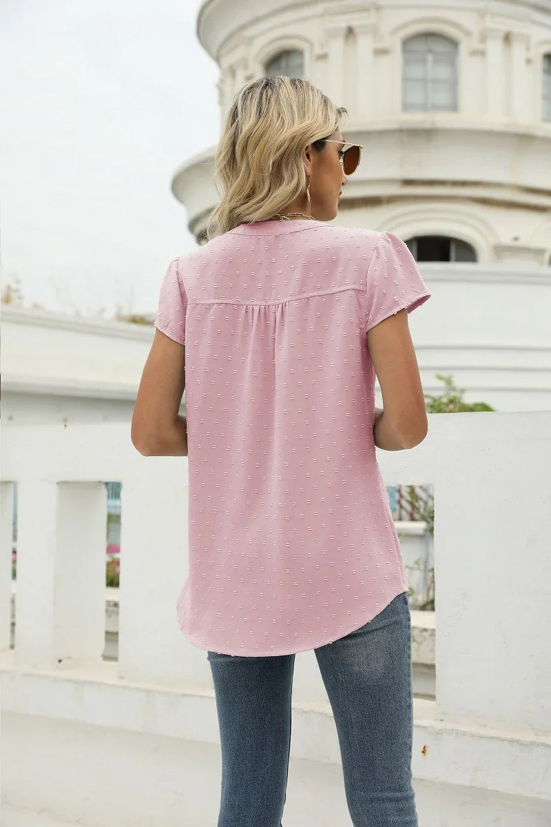 Swiss Dot Notched Neck Short Sleeve Top Casual Wear - Southern Shores Clothing