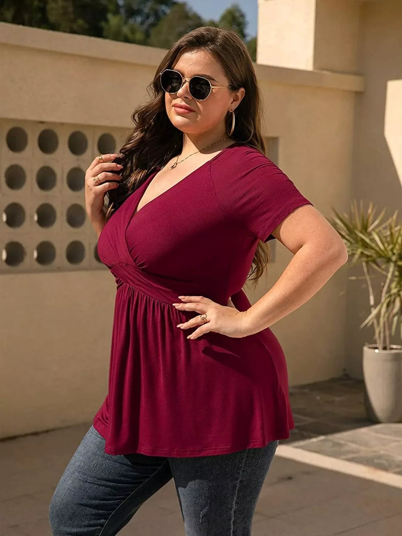 Plus Size Stretch Surplice Short Sleeve T Shirt - Southern Shores Clothing