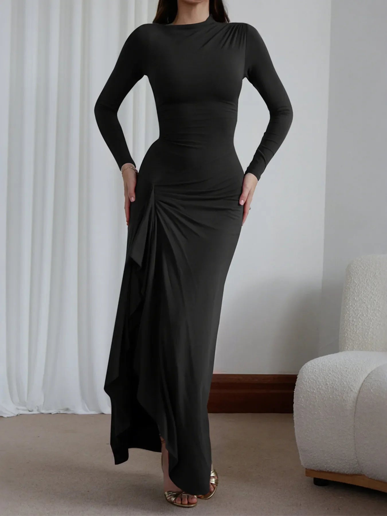 Ruched Long Sleeve Maxi Dress For Everyday Coastal Charm - Southern Shores Clothing