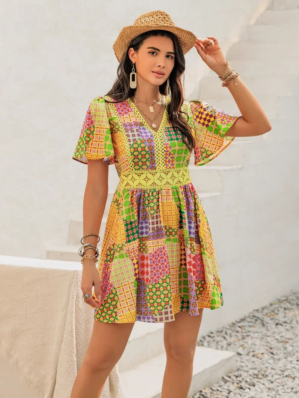 Crochet Trim Printed V-Neck Short Sleeve Ruched Mini Dress - Southern Shores Clothing