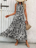 Halter Neck Backless Smocked Printed Sleeveless Midi Dress - Southern Shores Clothing