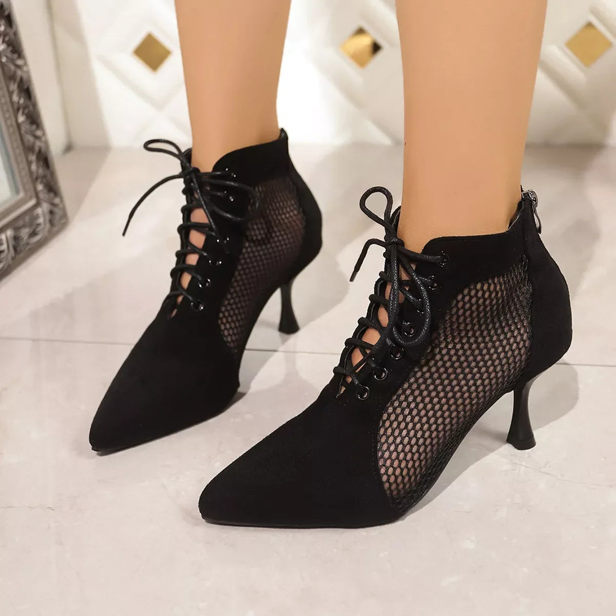 Point Toe Stiletto Pumps With Mesh Leather - Southern Shores Clothing