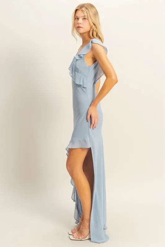 Chiffon Ruffle Trim Midi Dress With Flowing Silhouette - Southern Shores Clothing