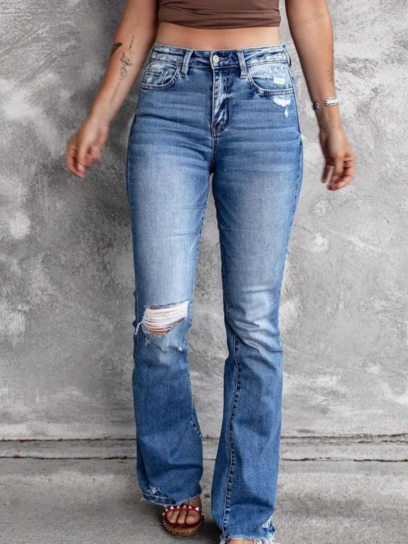 Beach Inspired Distressed Flare Jeans With Pockets - Southern Shores Clothing
