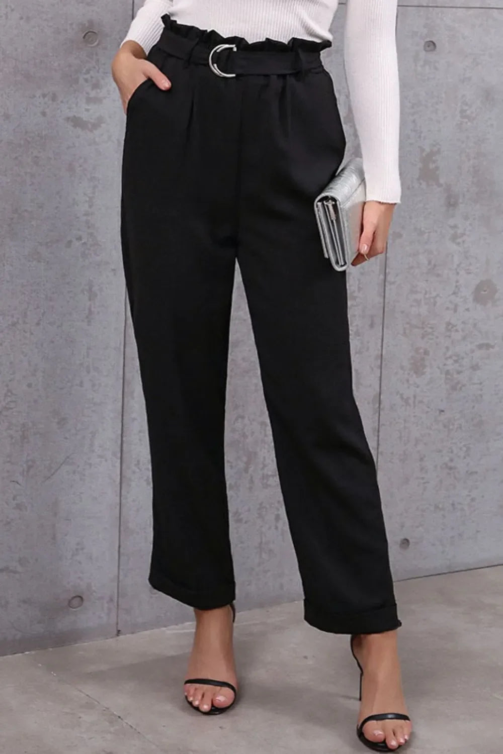 Pocketed Belted Paper Bag Waist Pants Casual - Southern Shores Clothing