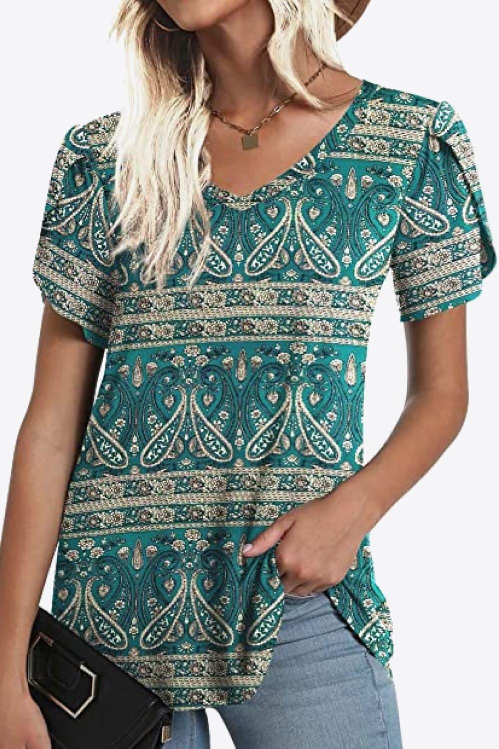 Casual Floral V Neck Blouse With Petal Sleeves - Southern Shores Clothing