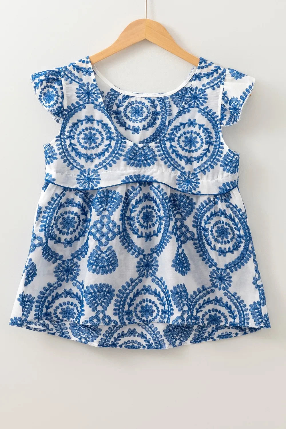 Boho Print Ruffled Cap Sleeve Crew Neck Blouse - Southern Shores Clothing