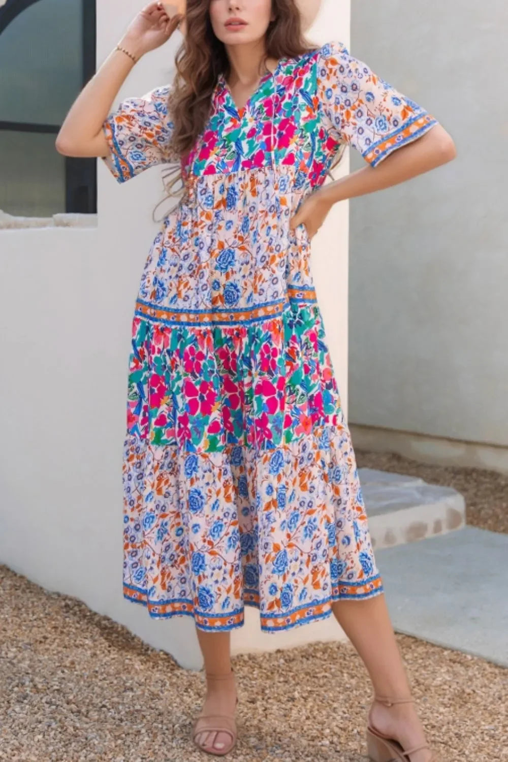 Mixed Floral Print Tie Neck Short Sleeve Tiered Frill Dress - Southern Shores Clothing