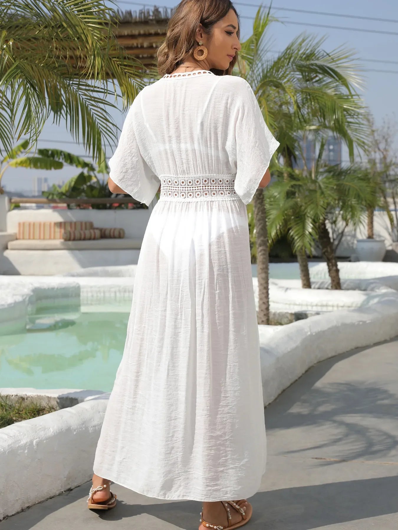 Lace Trim Plunging Neckline Beach Cover Up Maxi Dress - Southern Shores Clothing