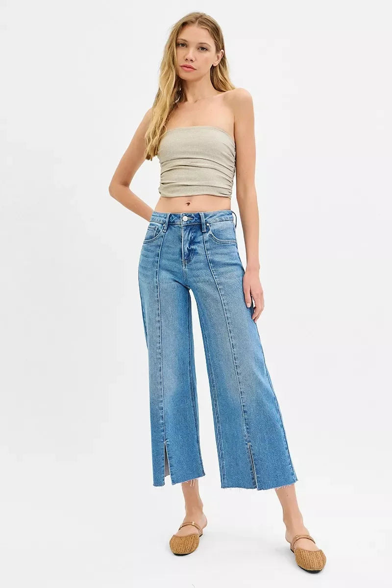 Tummy Control Mid Rise Crop Jeans With Wide Front Slits - Southern Shores Clothing