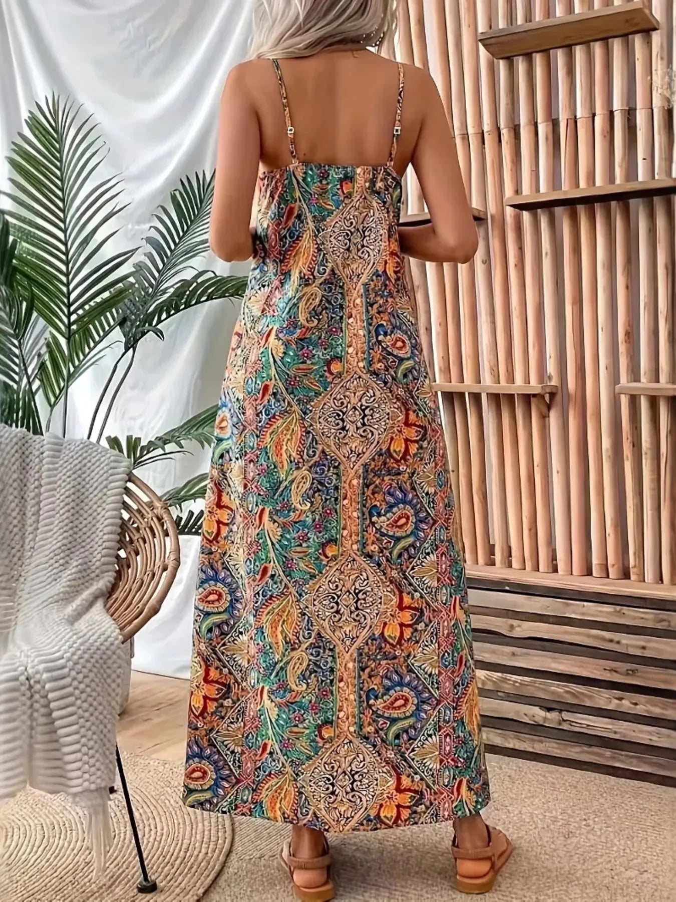 Paisley Print V-Neck Maxi Dress With Tassel Tie Straps Boho - Southern Shores Clothing