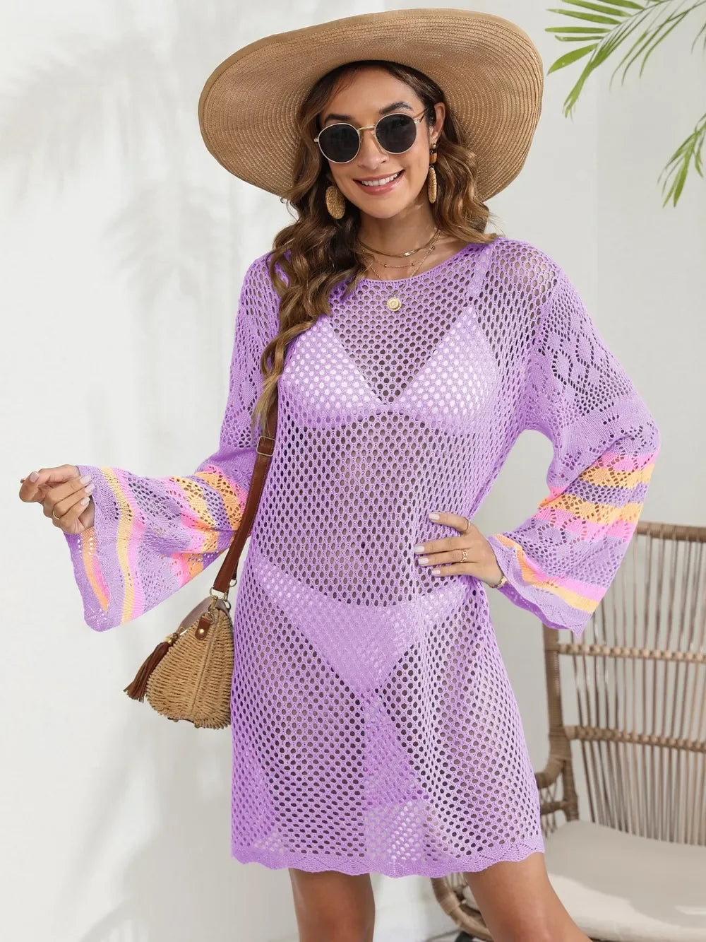 Openwork Sheer Long Sleeve Cover-Up One Size - Southern Shores Clothing