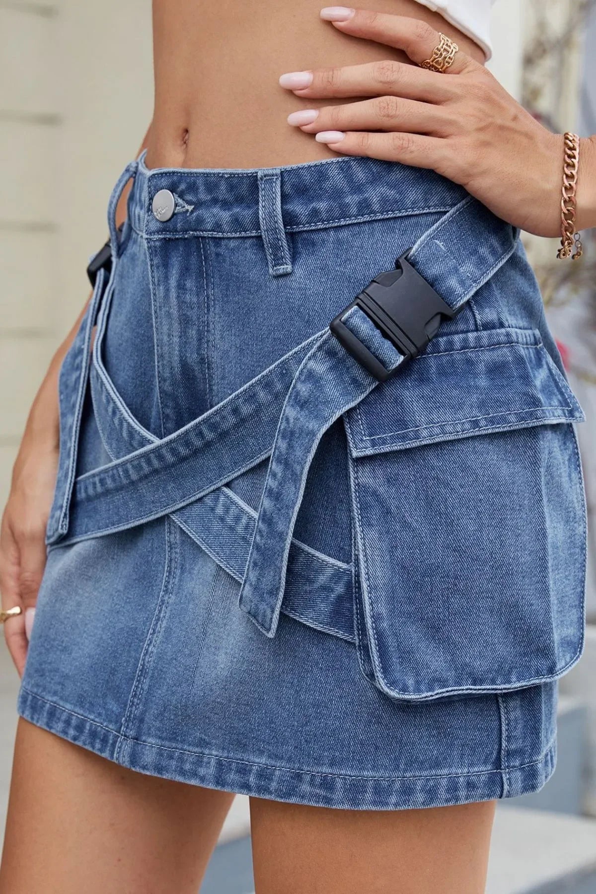 Denim Mini Skirt With Criss-Cross Waist Detail - Southern Shores Clothing