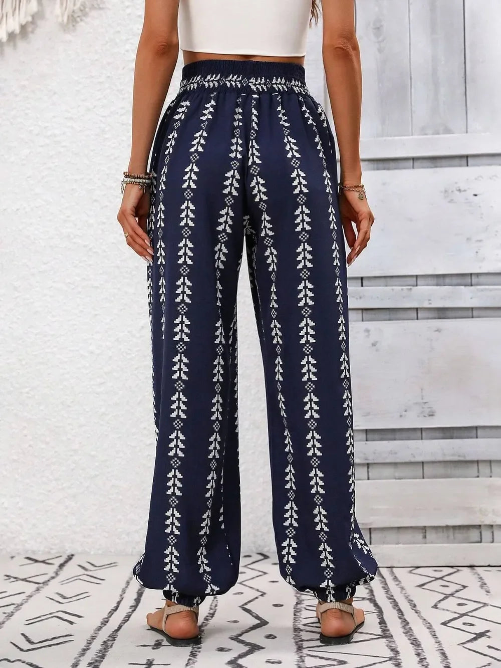 Tied Printed High Waist Wide Leg Pants With Drawstring Tie - Southern Shores Clothing