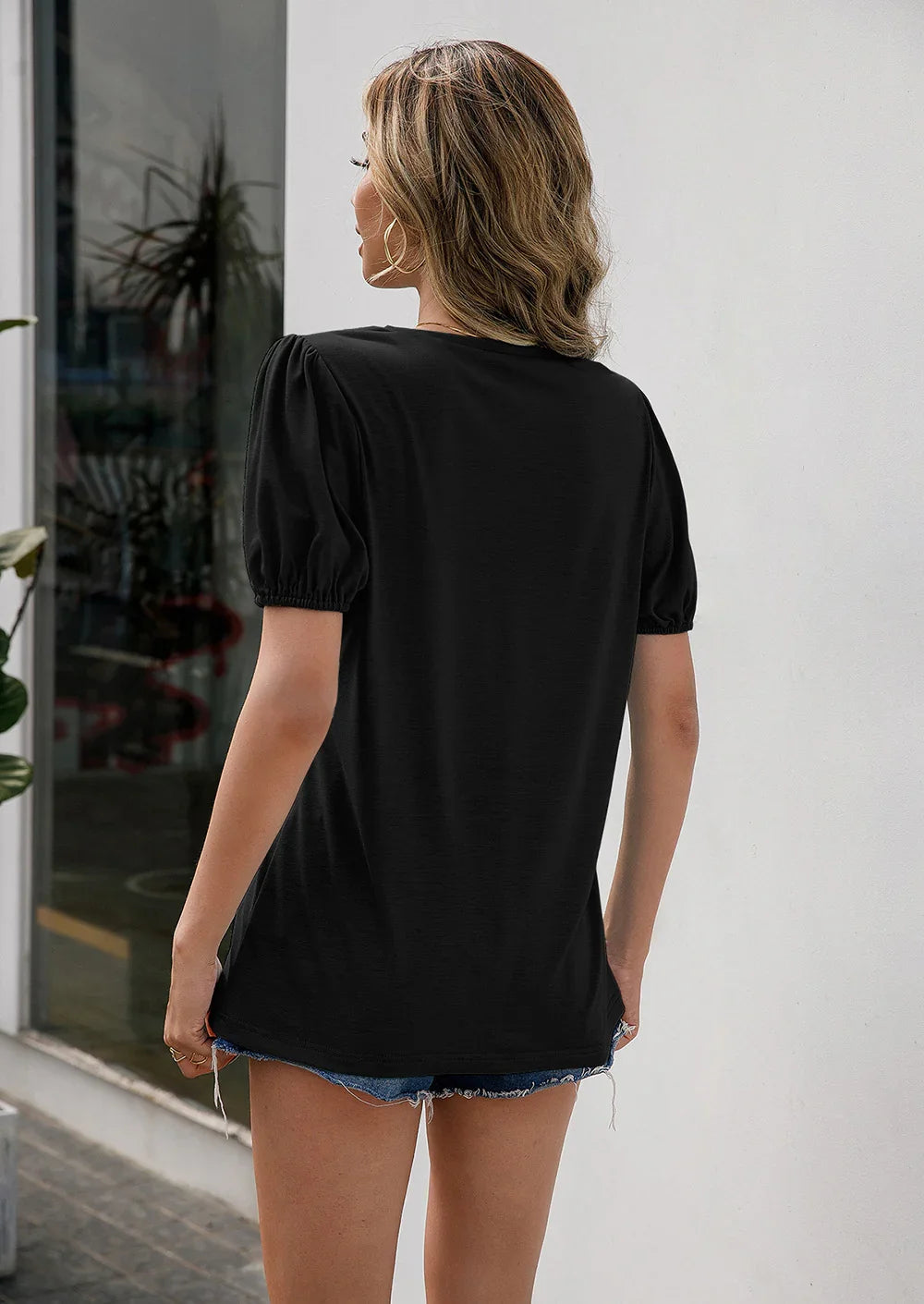 V-Neck Puff Sleeve Tee With Decorative Buttons - Southern Shores Clothing