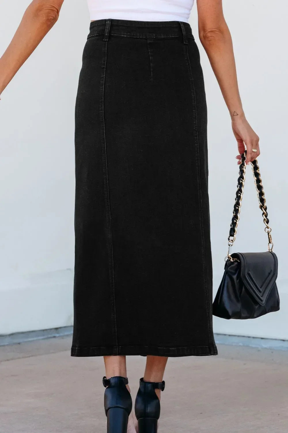 Button Fly Denim Midi Skirt With Side Split - Southern Shores Clothing