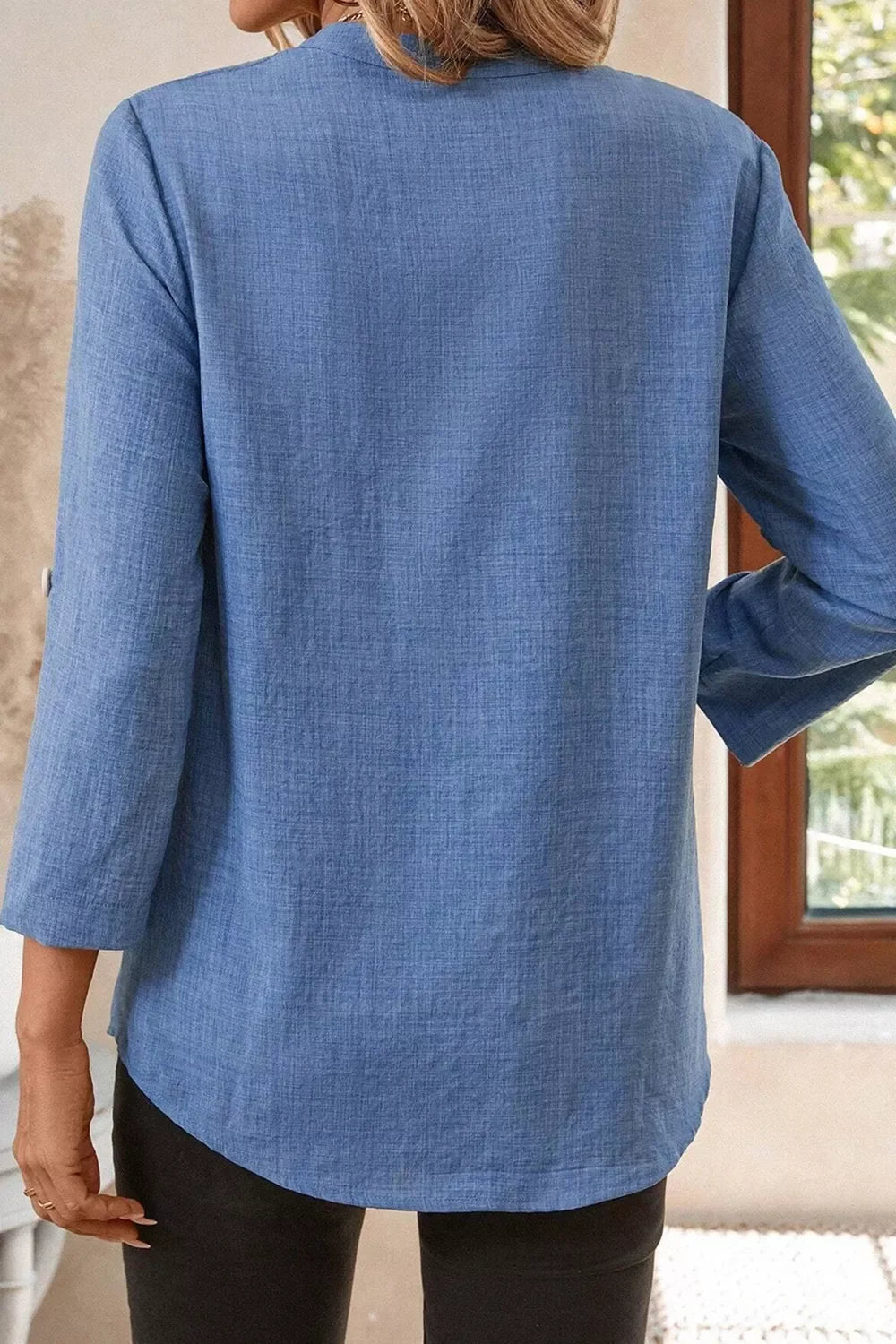Casual Roll Up Sleeve Blouse With Notched Collar And Pocket - Southern Shores Clothing