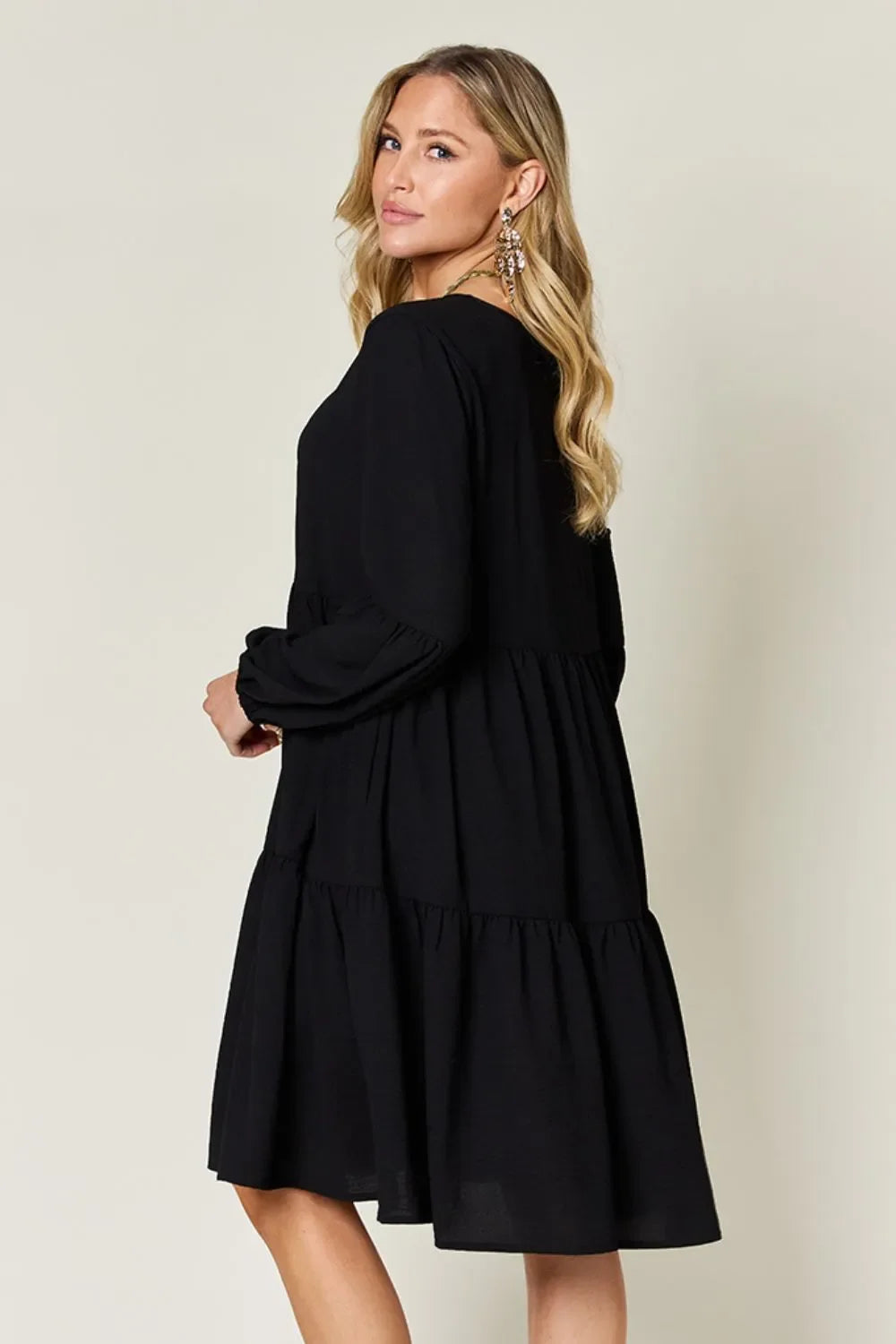 V Neck Balloon Sleeve Tiered Dress With Pockets - Southern Shores Clothing