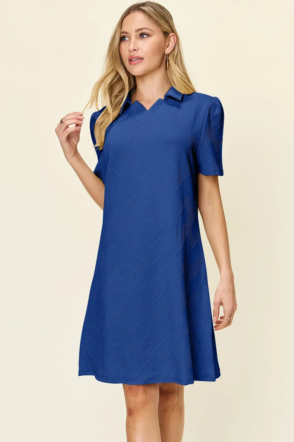 Textured Collared Neck Short Sleeve Dress - Southern Shores Clothing