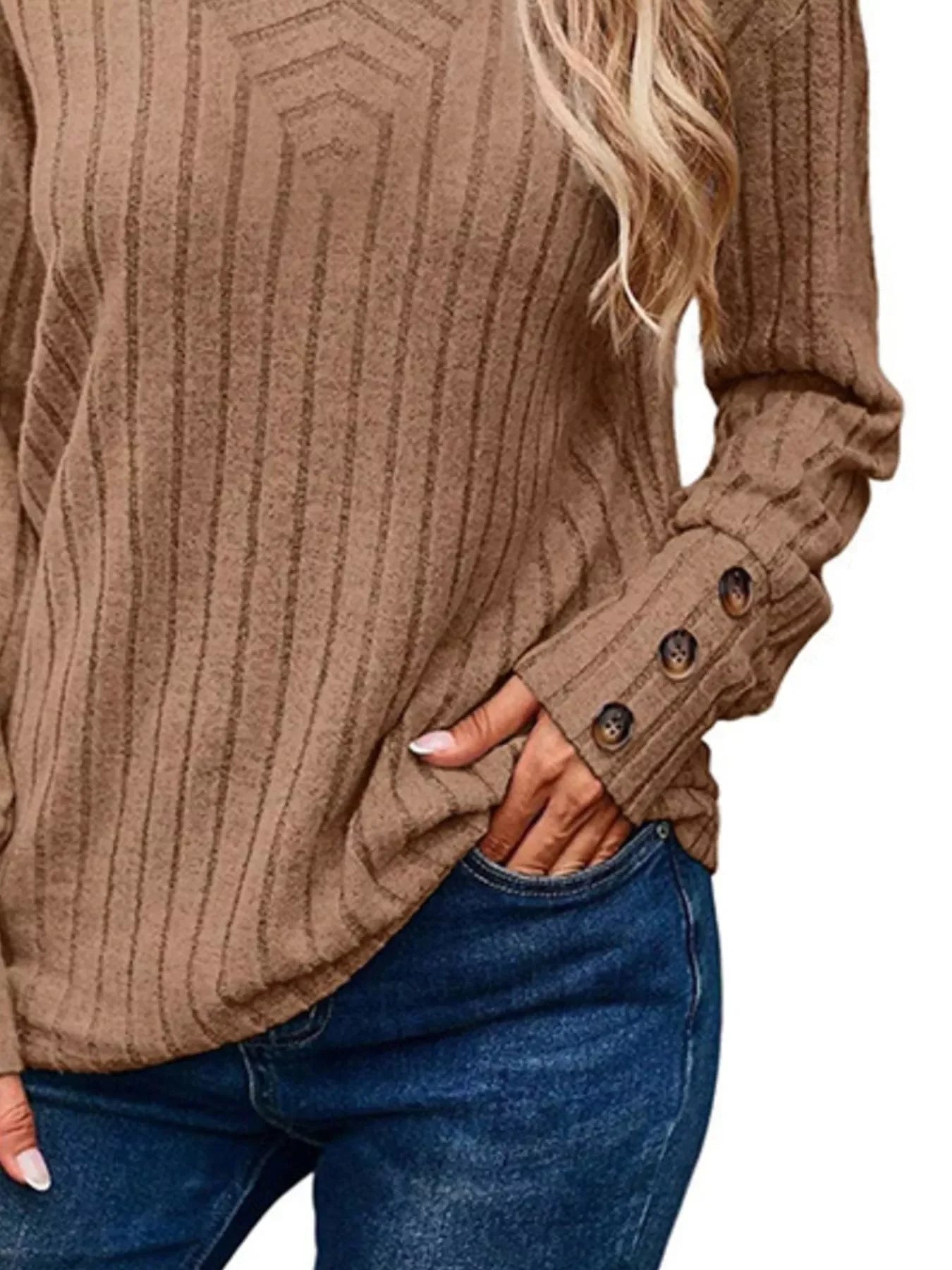 Ribbed V-Neck Long Sleeve Buttoned Stretchy Top - Southern Shores Clothing