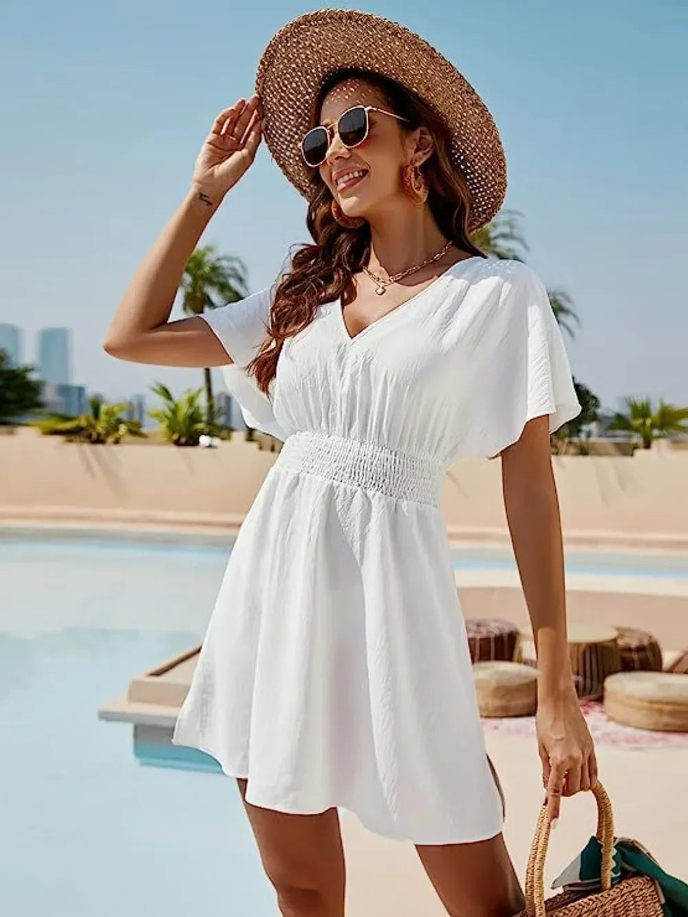 Smocked V-Neck Short Sleeve Dress Lightweight Coastal - Southern Shores Clothing