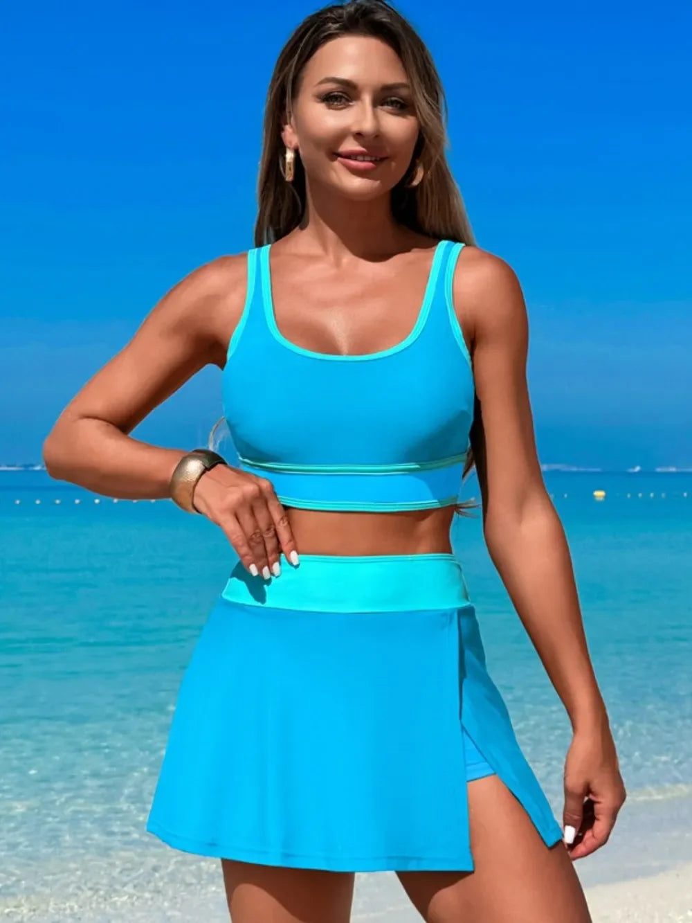 Two-Piece Swim Set With Scoop Neck Top And Skort Lightweight - Southern Shores Clothing