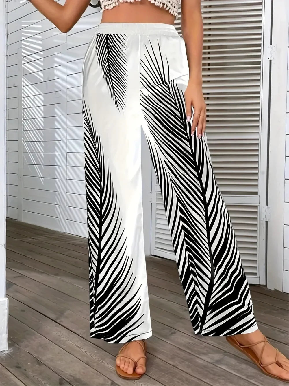 Printed Wide Leg Pants With Stretch Fabric Coastal Style - Southern Shores Clothing