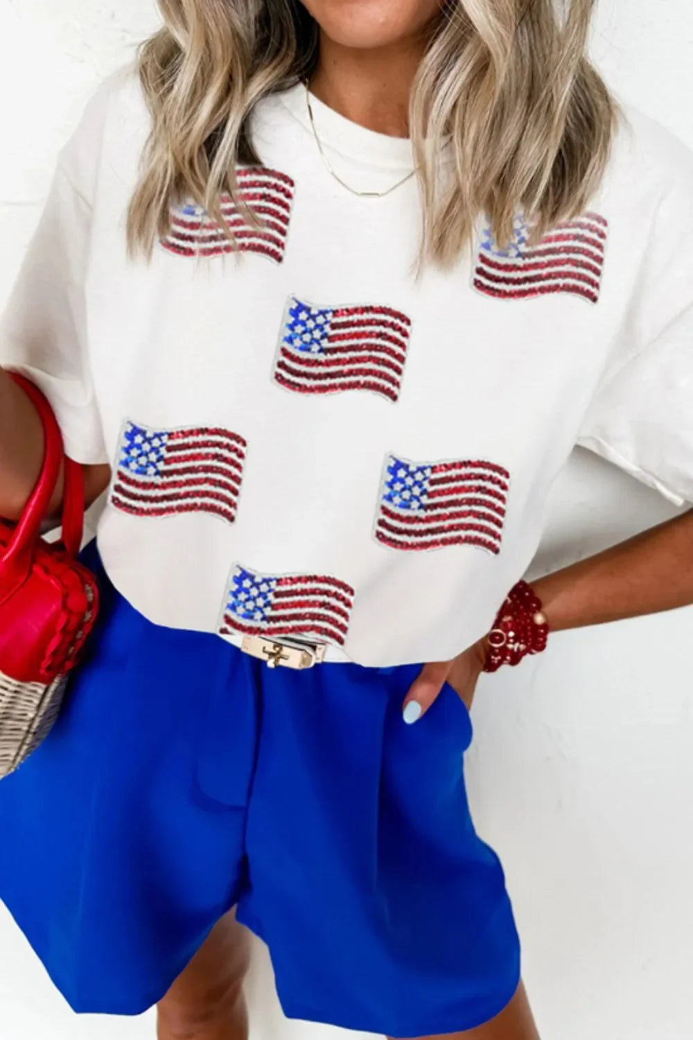 Sequined American Flag Patch Casual T Shirt - Southern Shores Clothing