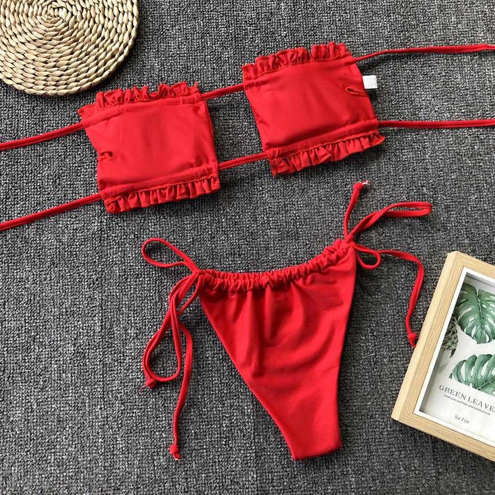 Frill Trim Ruched Bikini Set With Removable Padding - Southern Shores Clothing
