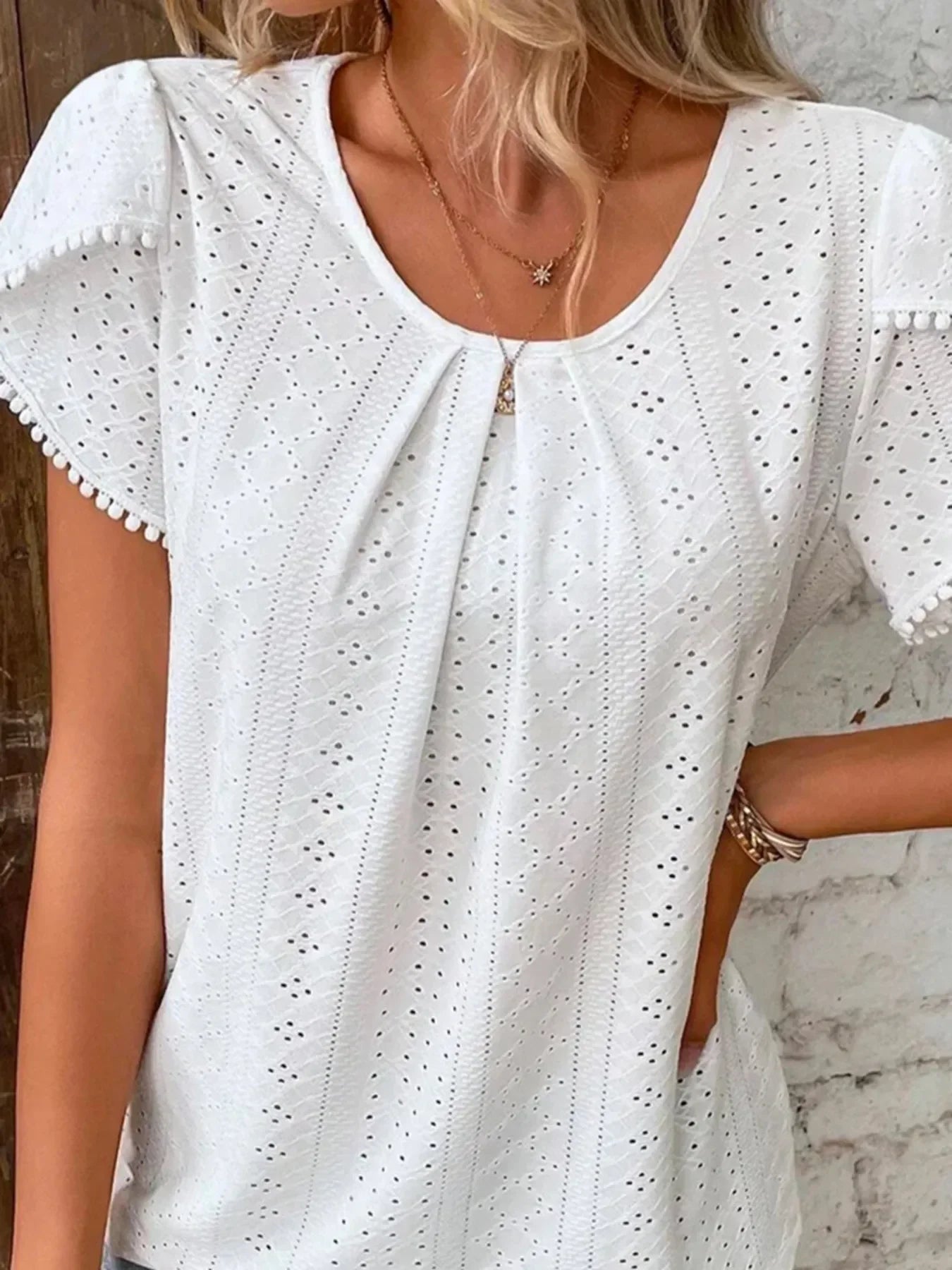 Eyelet Petal Sleeve Top With Pom Pom Trim And Stretch - Southern Shores Clothing