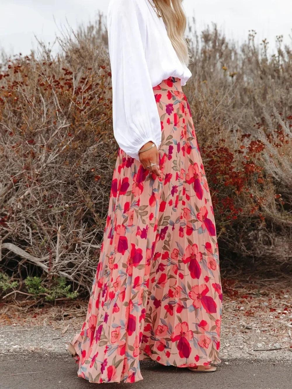 Printed Elastic Waist Pleated Maxi Skirt - Southern Shores Clothing