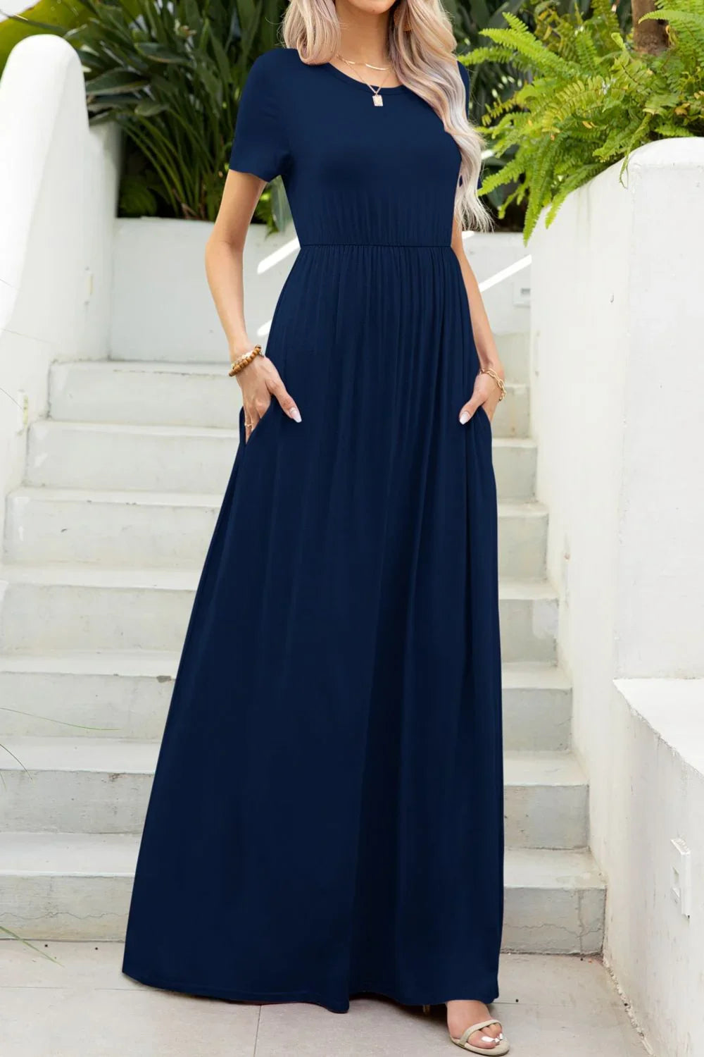Round Neck Maxi Tee Dress with Pockets - Southern Shores Clothing