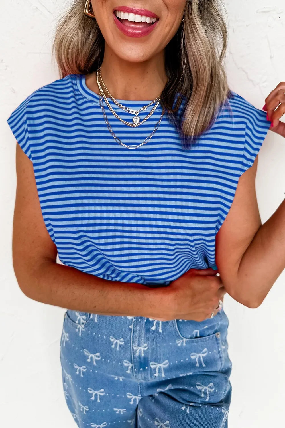 Striped Round Neck Cap Sleeve T Shirt Casual - Southern Shores Clothing