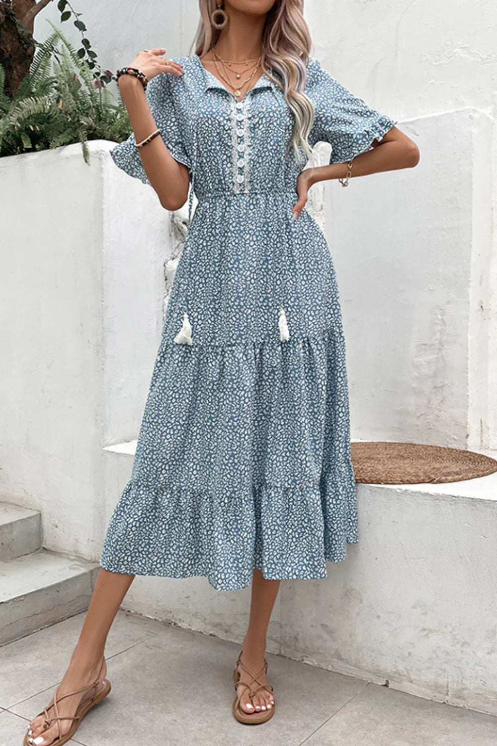 Leopard Print Tassel Tie Flounce Sleeve Dress - Southern Shores Clothing