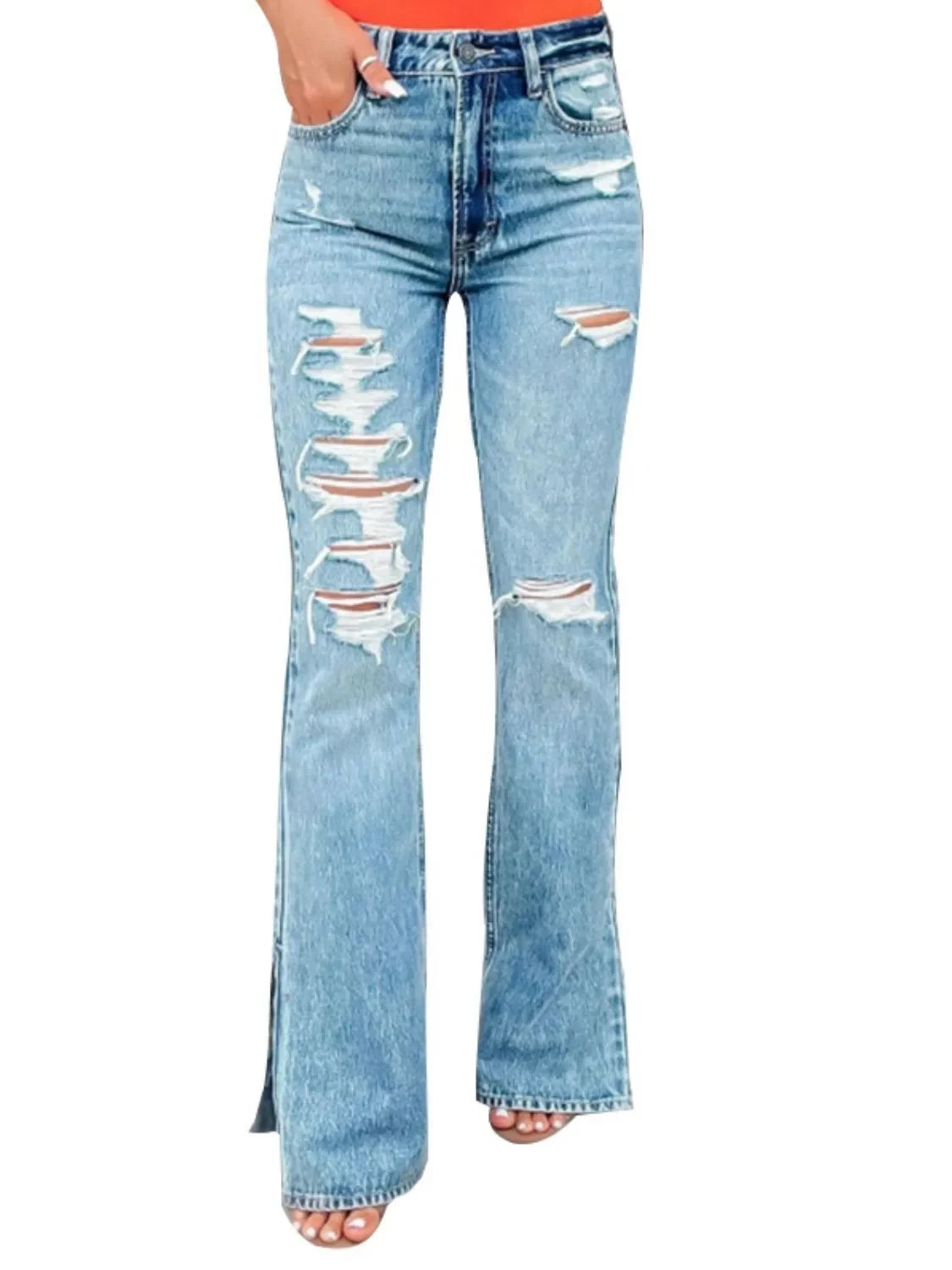 Stretch Denim Beach Inspired Distressed Slit Bootcut Jeans