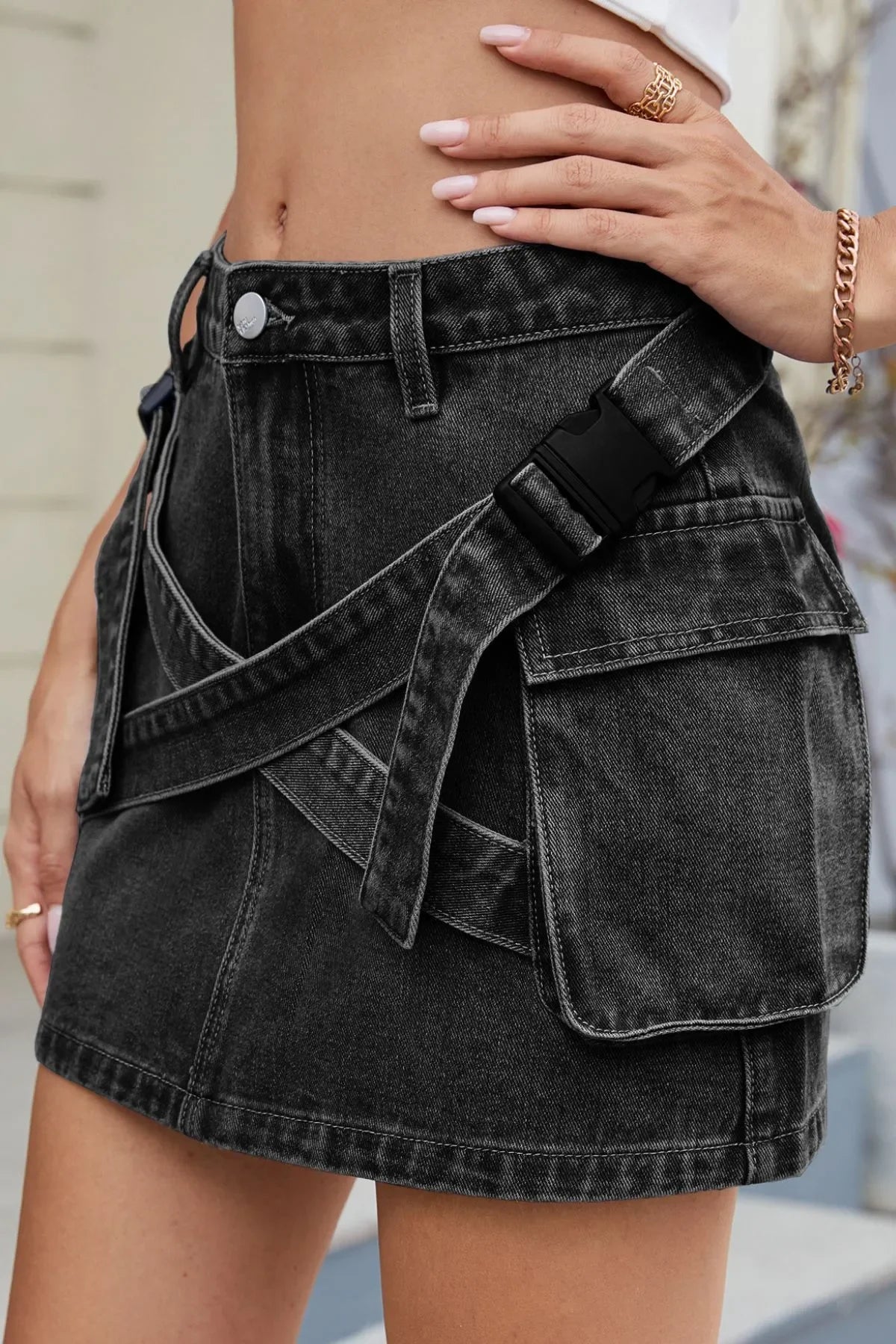 Denim Mini Skirt With Criss-Cross Waist Detail - Southern Shores Clothing