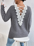 Crisscross V-Neck Lace Detail Knit Sweater - Southern Shores Clothing