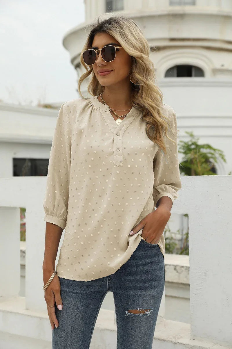 Swiss Dot Notched Neck Three-Quarter Sleeve Blouse - Southern Shores Clothing