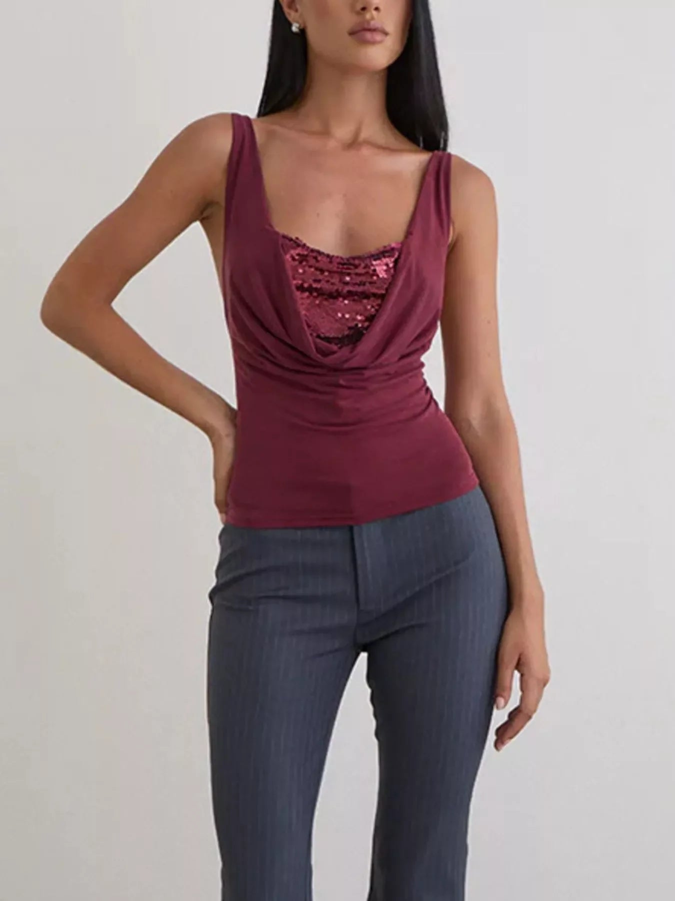 Sequin Detail Ruched Tank Top With Draped Front Stretchy Knit - Southern Shores Clothing