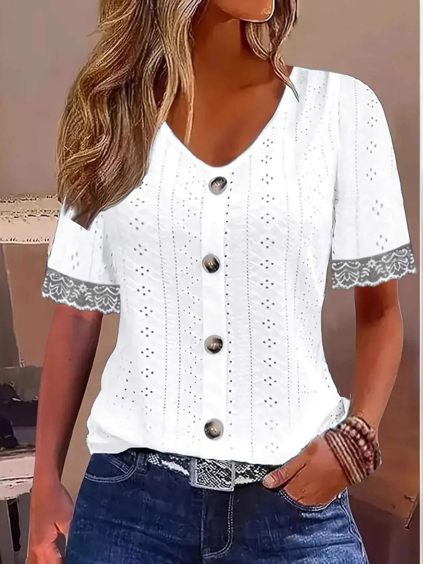 Eyelet Lace Trim Short Sleeve Blouse With Button - Southern Shores Clothing