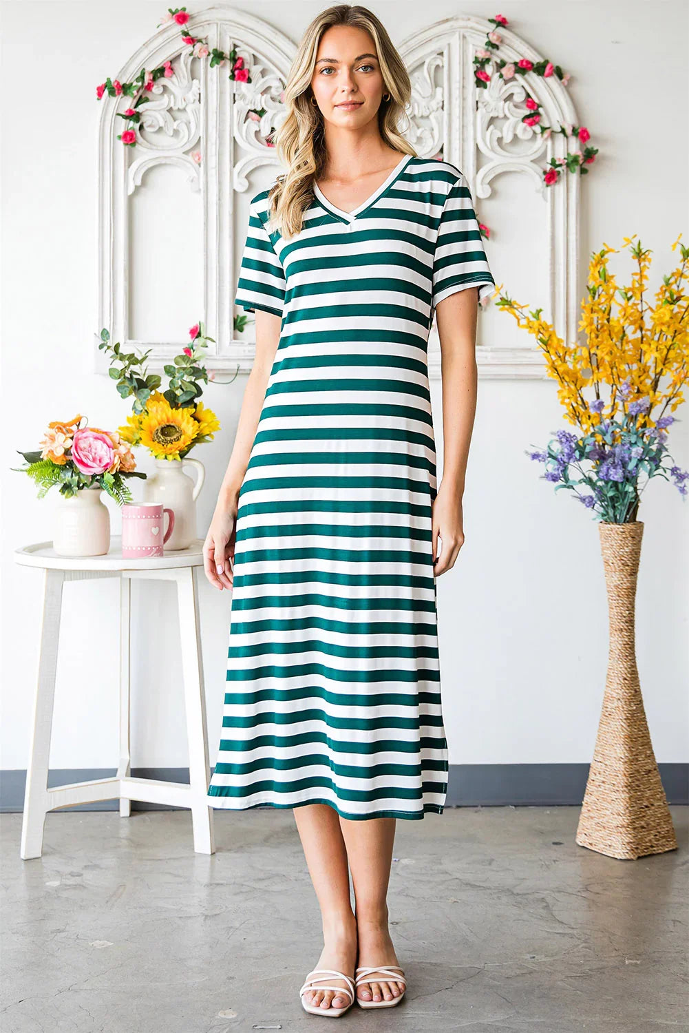 Striped V-Neck Short Sleeve Side Slit Dress - Southern Shores Clothing