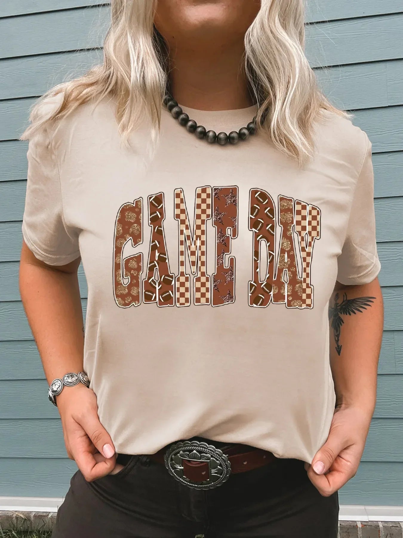 Full Size GAME DAY Checkered Letter Graphic T Shirt Plus Size - Southern Shores Clothing