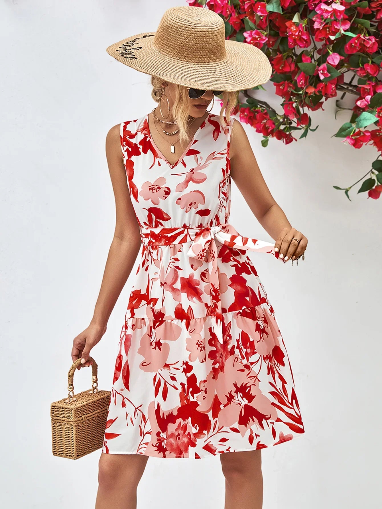 Floral V-Neck Tie Waist Sleeveless Dress - Southern Shores Clothing